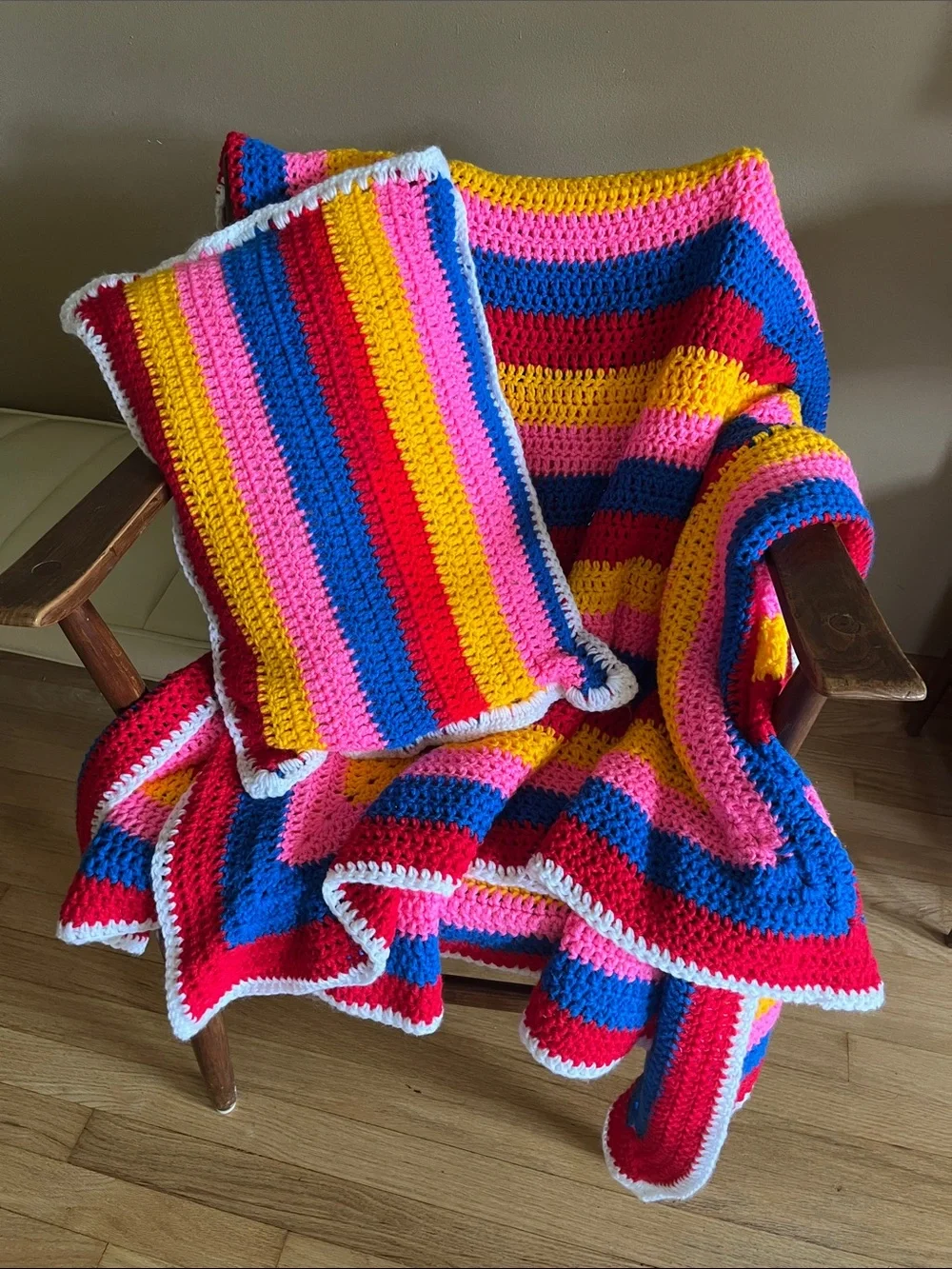 Handmade Striped Crochet Throw Blanket and 2 Pillow Set - Multicolor